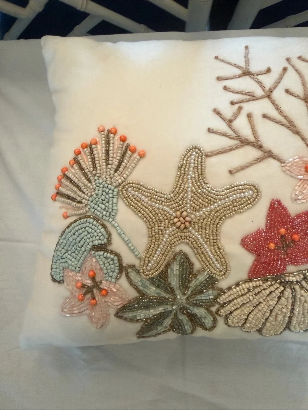 Pier 1 Beaded Coastal Motif Accent Pillow - White, Coral, Aqua, Gold